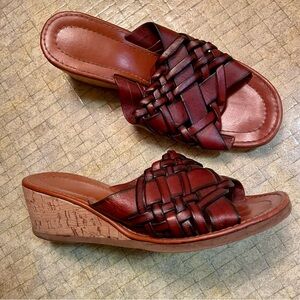 Mahogany Burgundy Brown Genuine Leather Cork Wedge Sandals Woven Straps Size 8
